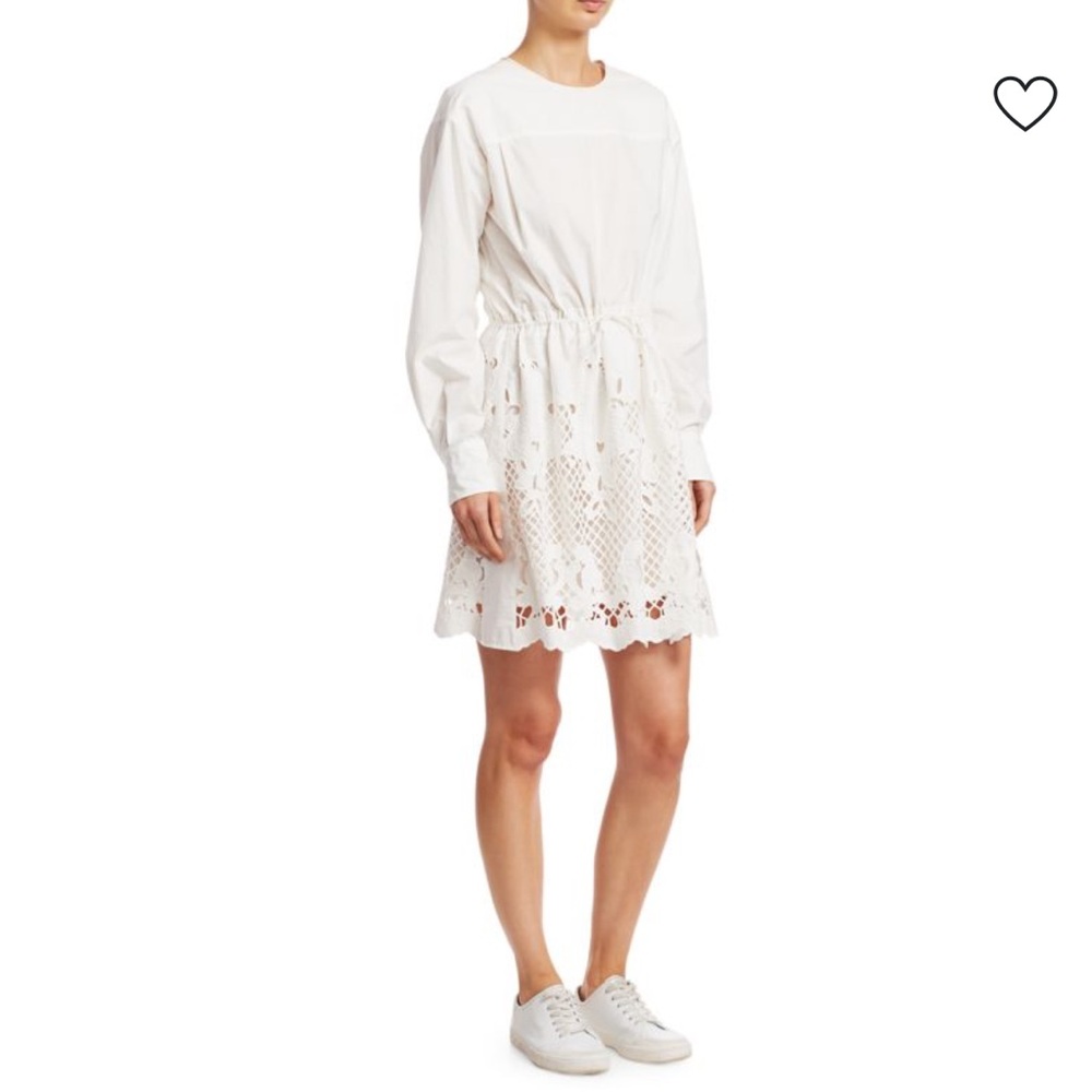 Lace Eyelet Puff-Sleeve Drawstring A-Line
Poplin Dress white size 38